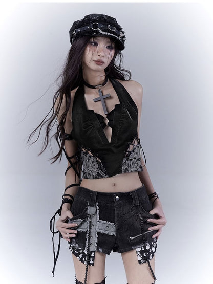 Black Halter Neck Lace Patches Glamorous Sleeveless Top with Lace-up Details Side