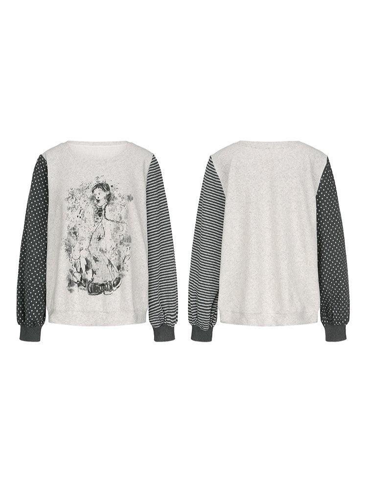 Plus Size Y2K White Anime Girl Print Top with Striped & Polka Dot Sleeve