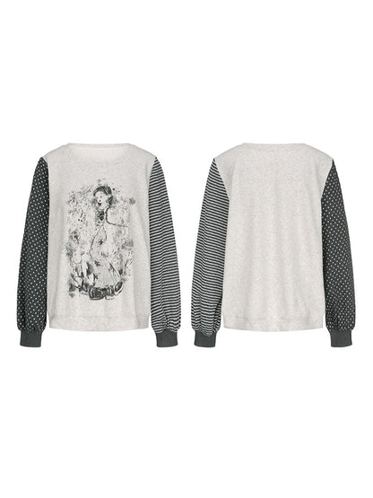 Plus Size Y2K White Anime Girl Print Top with Striped & Polka Dot Sleeve