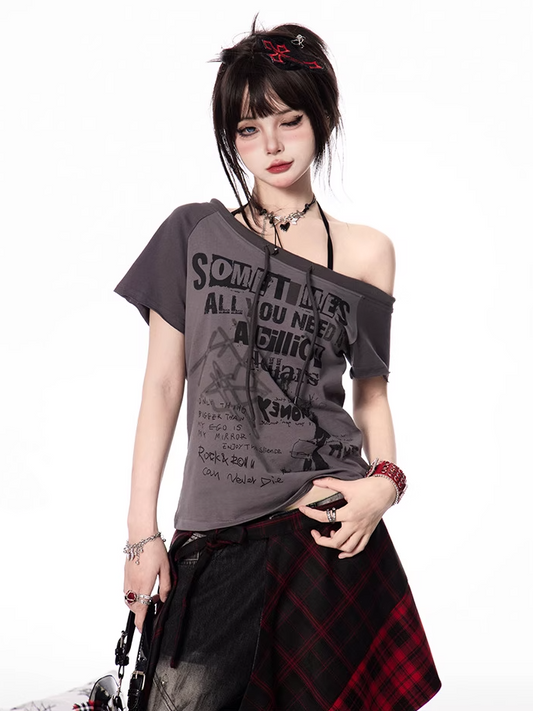 Self-tie Asymmetrical Neckline Gray/Apricot Colorblock Design Graphic T-shirt