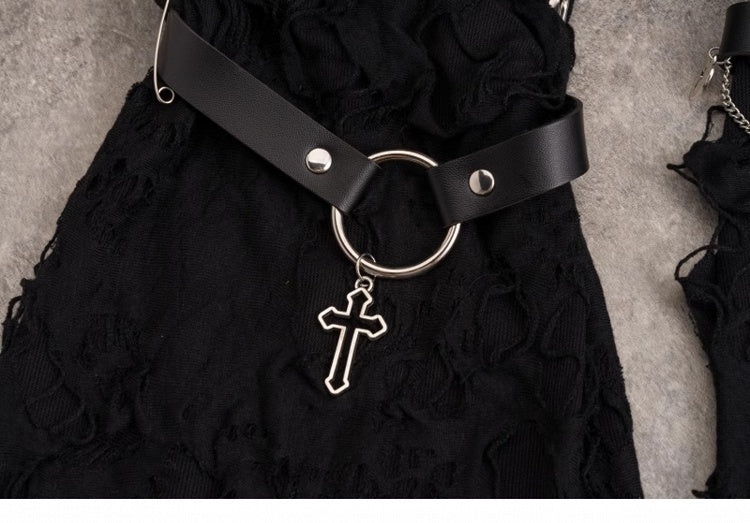 Cross Decorated Distressed Holes Gothic Black Leg Warmers