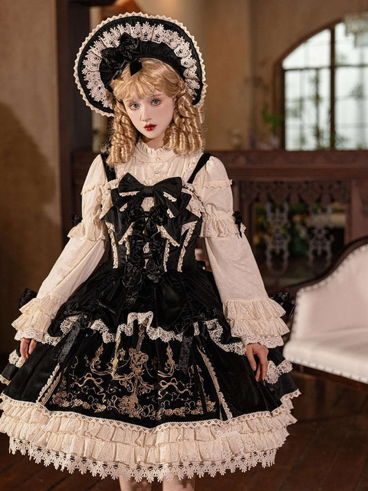 Bows Decoration Candle Embroidery Black Velvet Dress Lolita JSK / Set