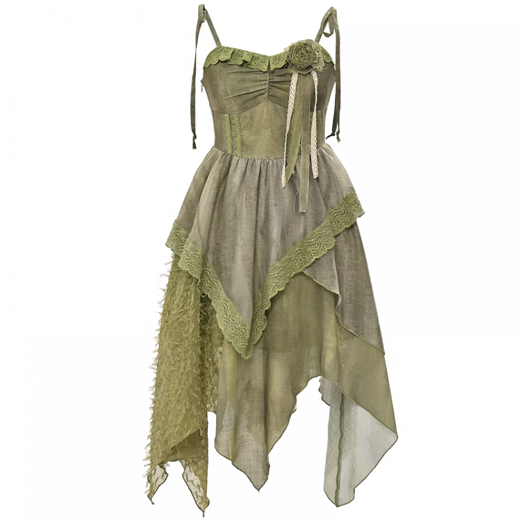 Green Handkerchief Hem Mori Kei Cami Dress with Self-tie Shoulder Straps
