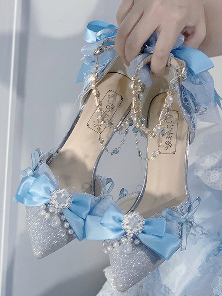 Blue Glittering Bow Accent Pointed Toe 5CM/8CM Hime Lolita Heels