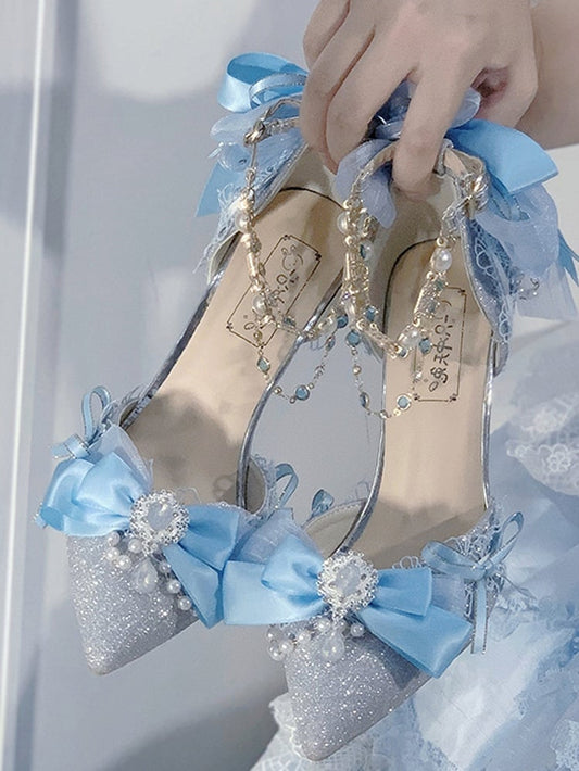 Blue Glittering Bow Accent Pointed Toe 5CM/8CM Hime Lolita Heels