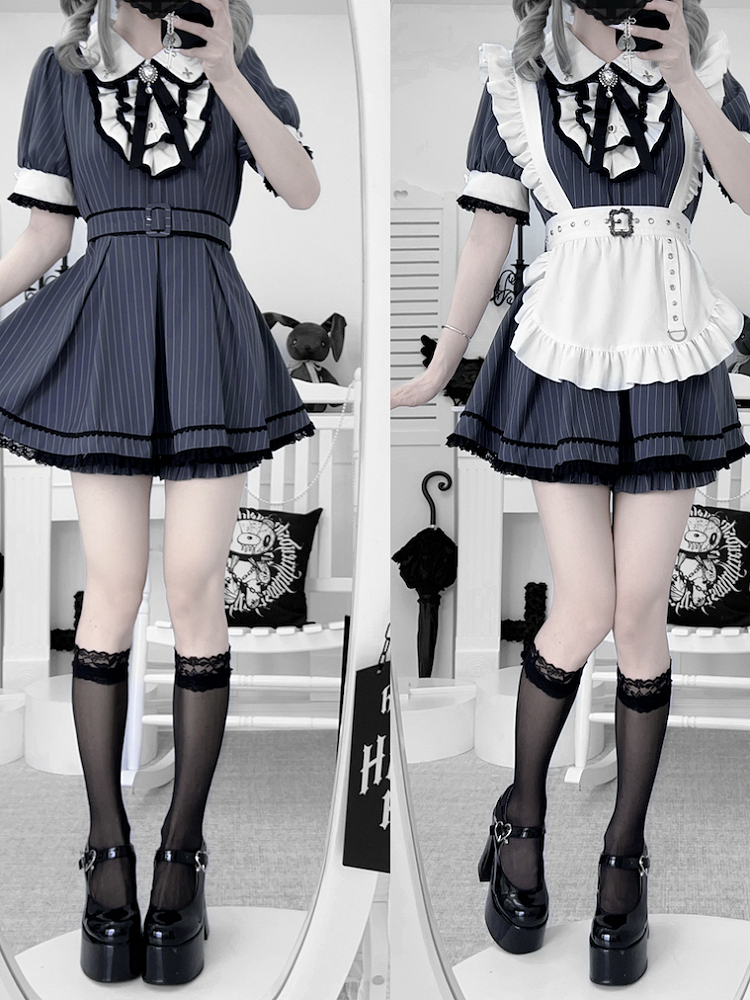 Peter Pan Collar Top with Shorts Dark Blue Stripes Maid Jirai Kei Set