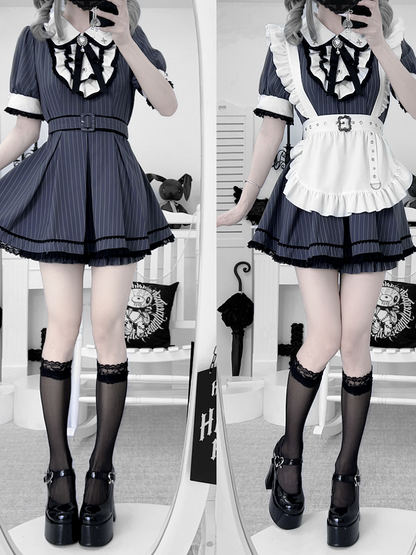 Peter Pan Collar Top with Shorts Dark Blue Stripes Maid Jirai Kei Set