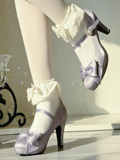 Sophisticated Lolita Purple High Heels - Sparkling Heart Clasp with Ornate Bow Details