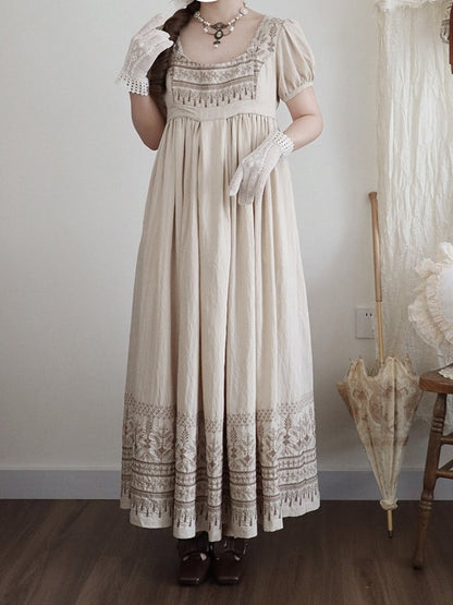 Foldover Design Neckline Brown Vintage Embroidery Empire Waist Elegant Lolita One Piece Long/Short Version