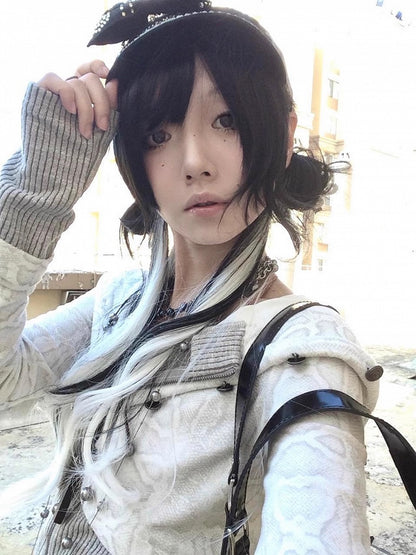 Y2K White / Black Faux Two-Piece Knit Zip-Up Hoodie