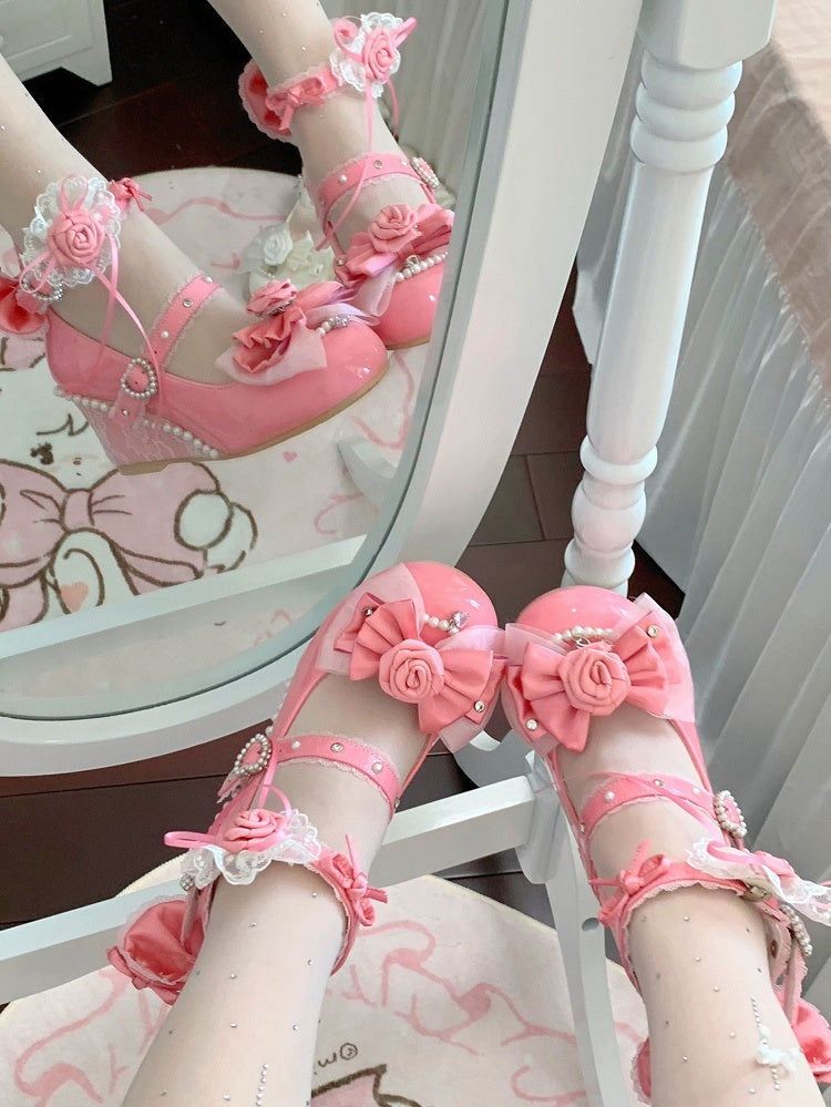 Classic Rose Red Wedge Heels - Interchangeable Rose Decor, Beaded Heart Buckles & Bow Accents