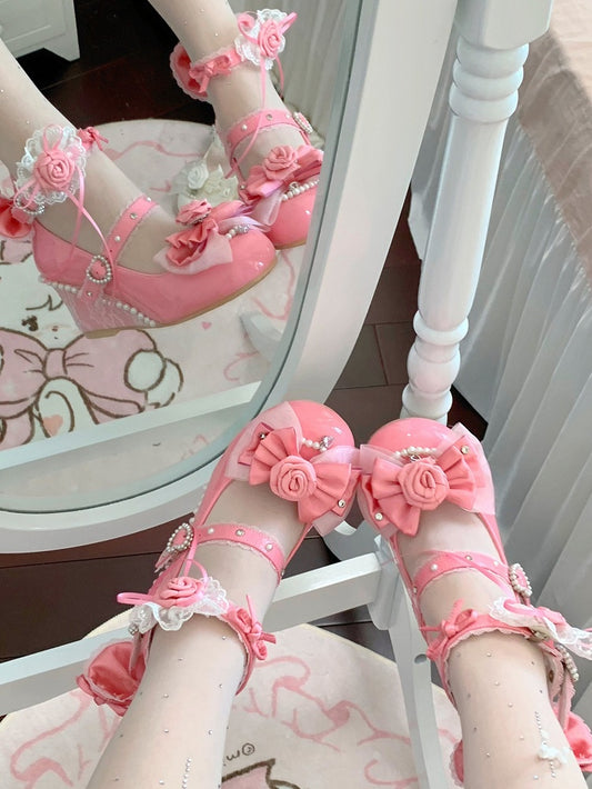 Classic Rose Red Wedge Heels - Interchangeable Rose Decor, Beaded Heart Buckles & Bow Accents