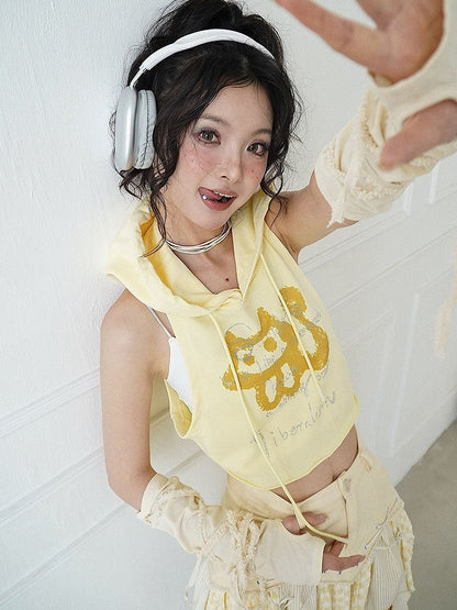 Light Yellow Kitty Print Hooded Top + White Cami Top Set