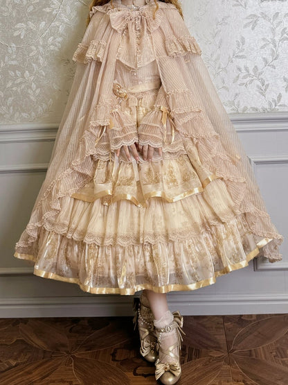 Champagne Self-tie Big Bow Neckline Cloak Cascading Ruffle Trimming