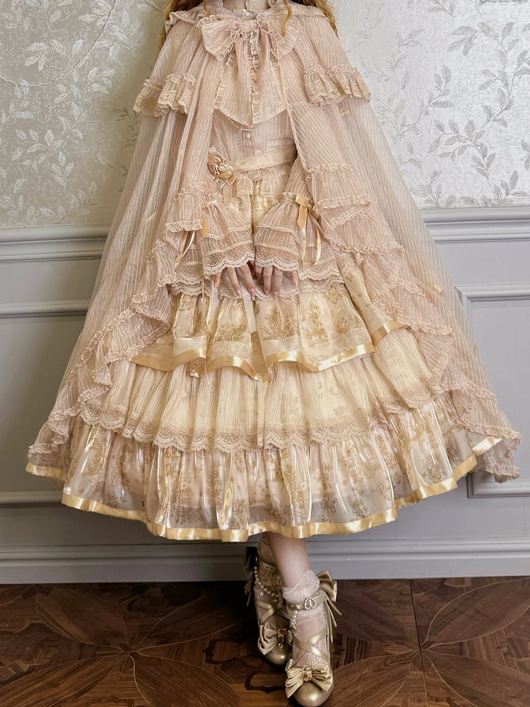 Champagne Self-tie Big Bow Neckline Cloak Cascading Ruffle Trimming