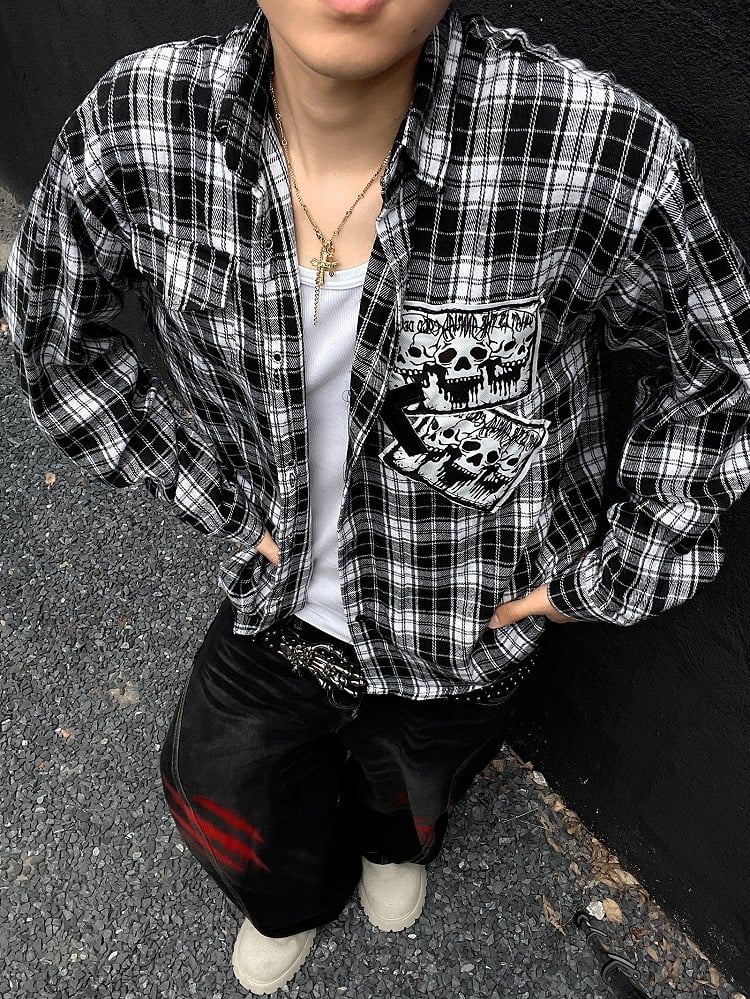 Punk Rock Skeleton and Cross Appliques Black & White Plaid Shirt