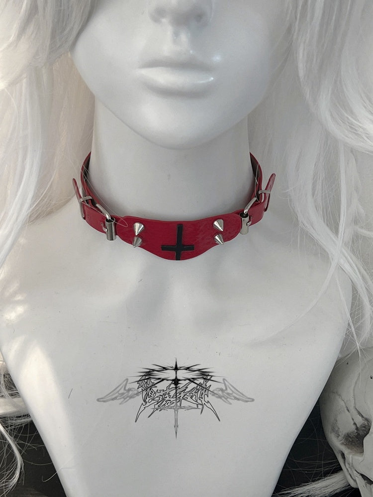 Red Punk Cross and Stud Decorated Choker