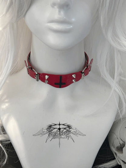 Red Punk Cross and Stud Decorated Choker