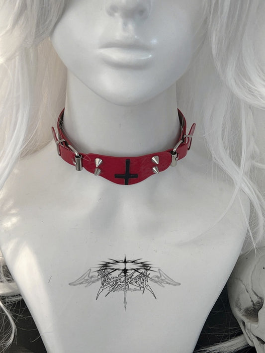 Red Punk Cross and Stud Decorated Choker
