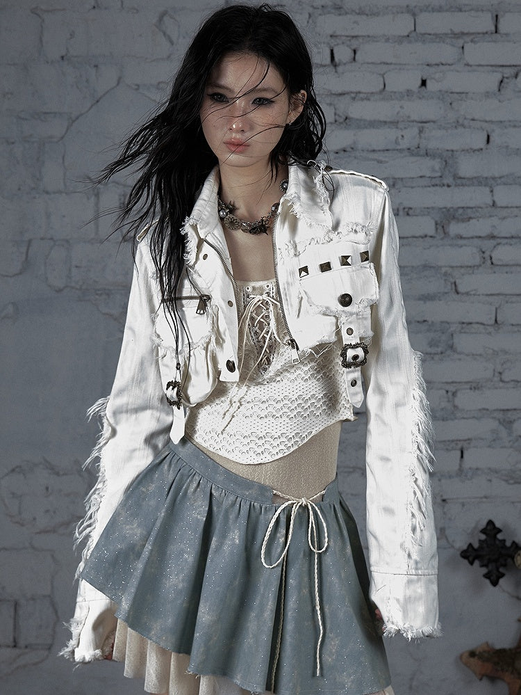 White Wasteland Punk Studs And Buckle Decorated Cropped Jacket