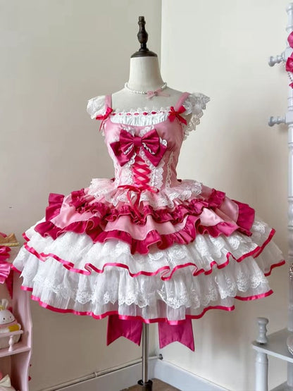 Sweet Pink Corset Waist Tiered Ruffle Hem Lolita Jumper Skirt