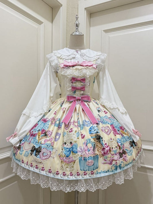 Teddy and Ice Cream Print Yellow Sweet Lolita Jumper Skirt