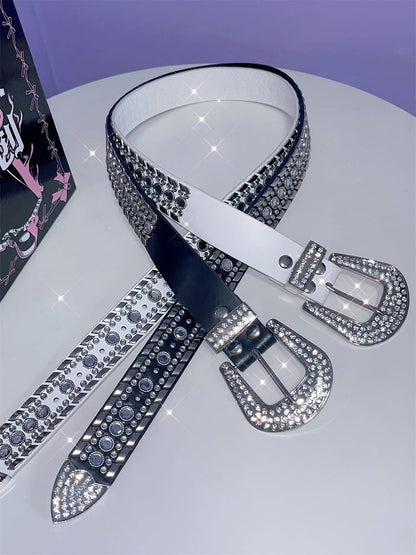 Black/White Punk Rhinestone Decorated Studs Details Waist Belt