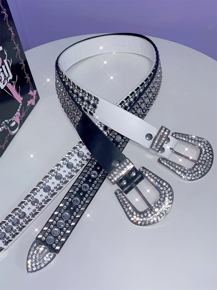Black/White Punk Rhinestone Decorated Studs Details Waist Belt