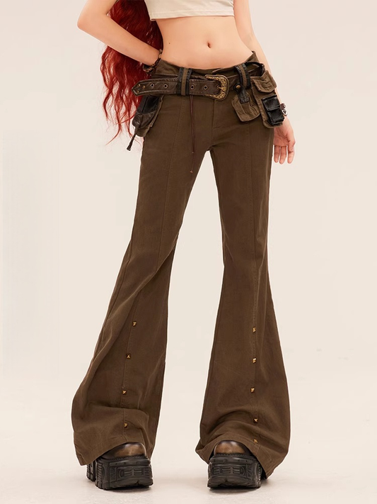 Brown Low Waist Studded Cuffs Flared Pants with Buckle Belt