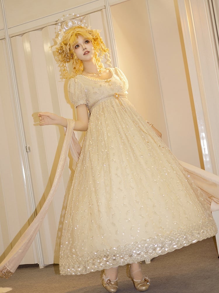 Allover Beaded Leaves Design Beige Empire Waist Elegant Lolita One Piece Long/Short Version