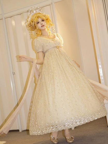 Allover Beaded Leaves Design Beige Empire Waist Elegant Lolita One Piece Long/Short Version