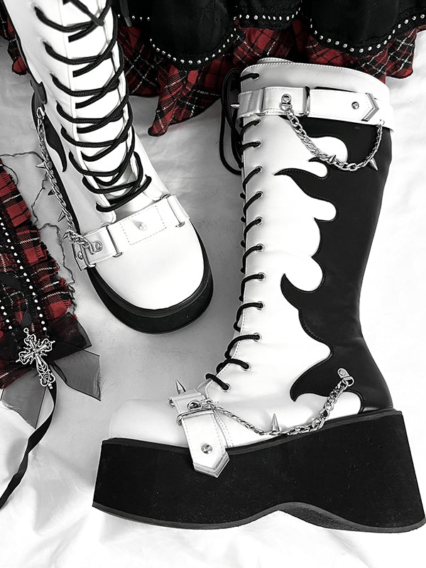 White and Black Punk Goth Platform Boots Spike Studs Chains Knee-high Boots