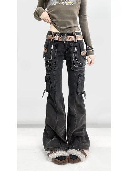 Millard Fashion Vintage Black Wasteland Punk Distressed Design Flared Jeans with Cargo Pockets