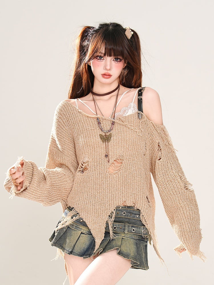 Khaki Asymmetrical Neckline and Hem Distressed Holes Wasteland Punk Knitted Top