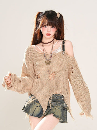 Khaki Asymmetrical Neckline and Hem Distressed Holes Wasteland Punk Knitted Top