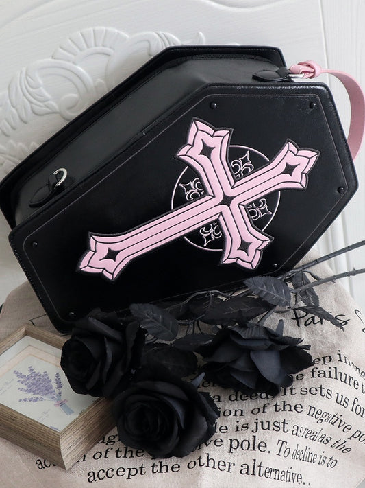Black&Pink Cross Decorated Coffin-Shaped 1/6 Scale BJD Doll Bag with Two Straps