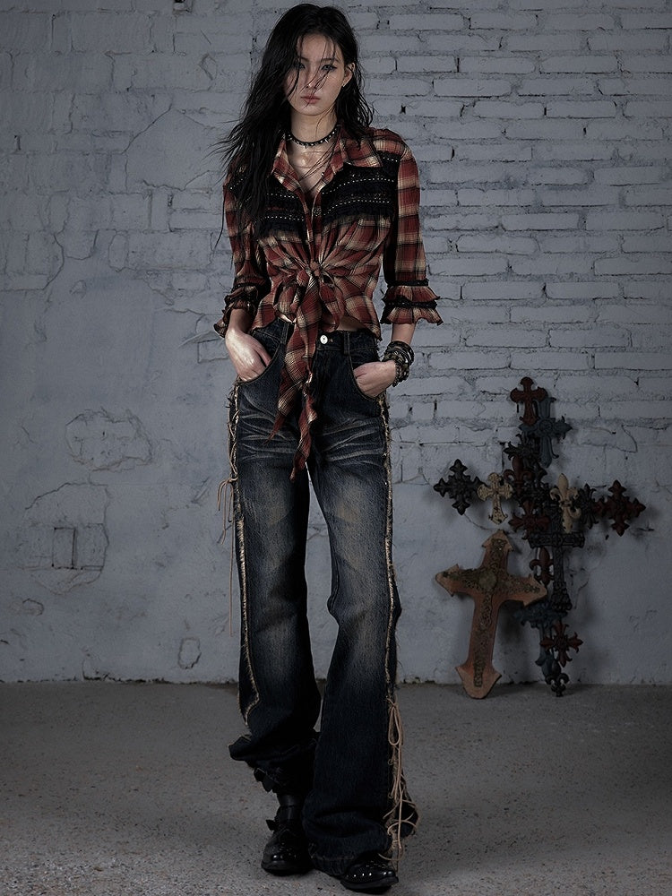 Dark Blue Wasteland Punk Raw Hem Lace-up Detail Fishtail Jeans