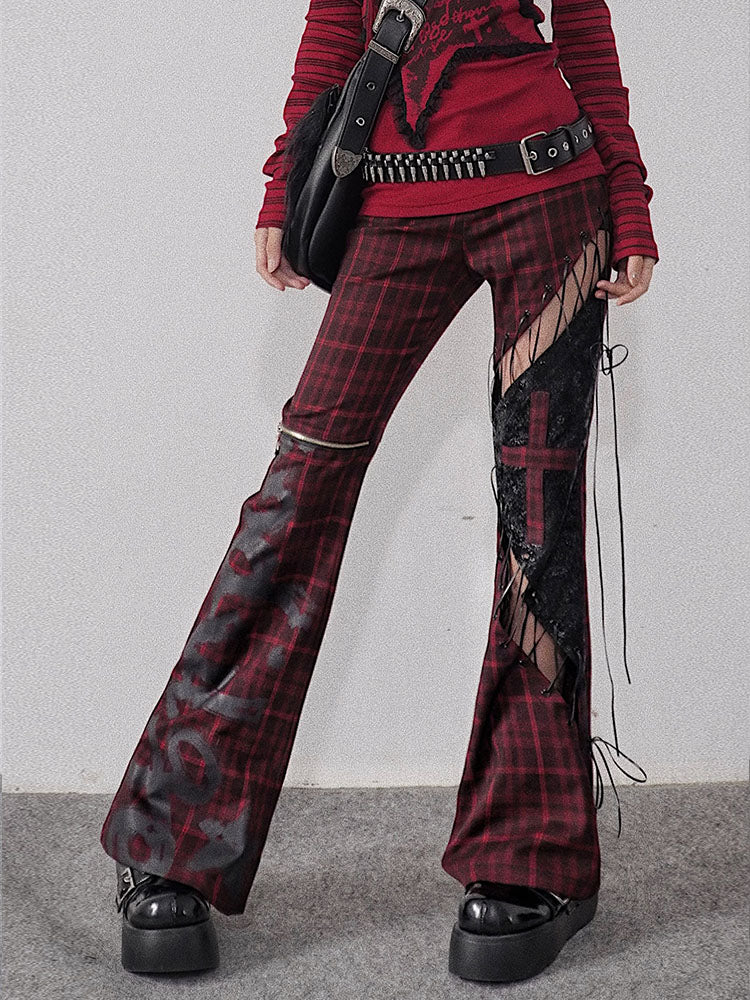 Lace-up Detail Red and Black Plaid Punk Rock Cutout Pants