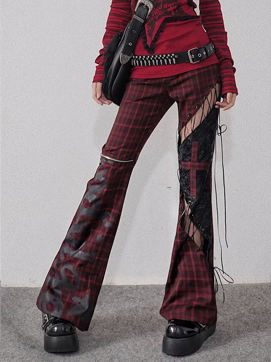 Lace-up Detail Red and Black Plaid Punk Rock Cutout Pants