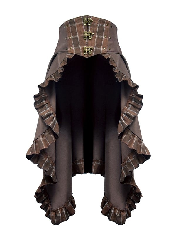 Steampunk Dark Brown Plaid Pattern Ruffled Hem Train