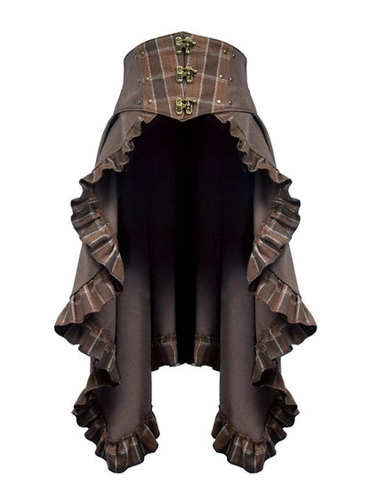 Steampunk Dark Brown Plaid Pattern Ruffled Hem Train