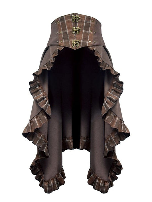 Steampunk Dark Brown Plaid Pattern Ruffled Hem Train