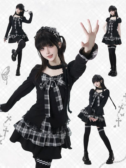 Subculture Fashion Black Faux Two-Piece Top with Plaid Bowknot and Lace Trim