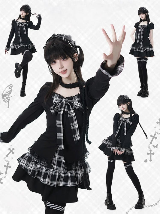 Subculture Fashion Black Faux Two-Piece Top with Plaid Bowknot and Lace Trim