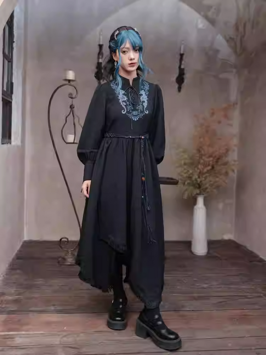 Blue Seahorse Embroidery Tassel Hem Black Cheongsam Style Dress with Lace-up Detail at Front