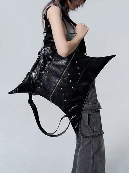 Gothic Punk Studs Black Four-pointed Star Large Capacity PU Bag