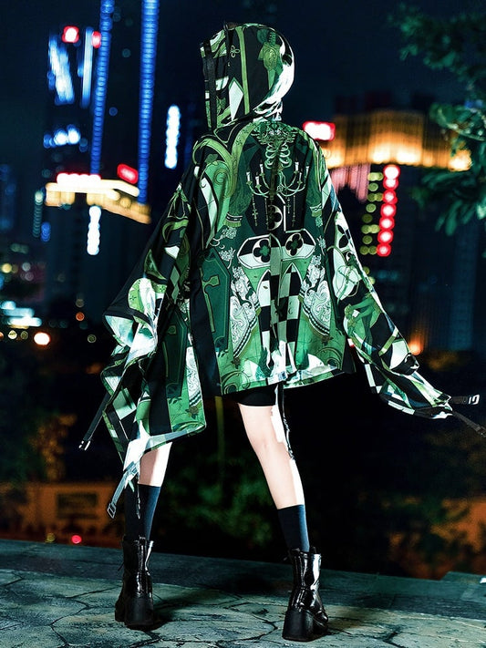 Green Cyberpunk Techwear Ouji Fashion Cat Ears Hooded Top Buckle Strappy Details