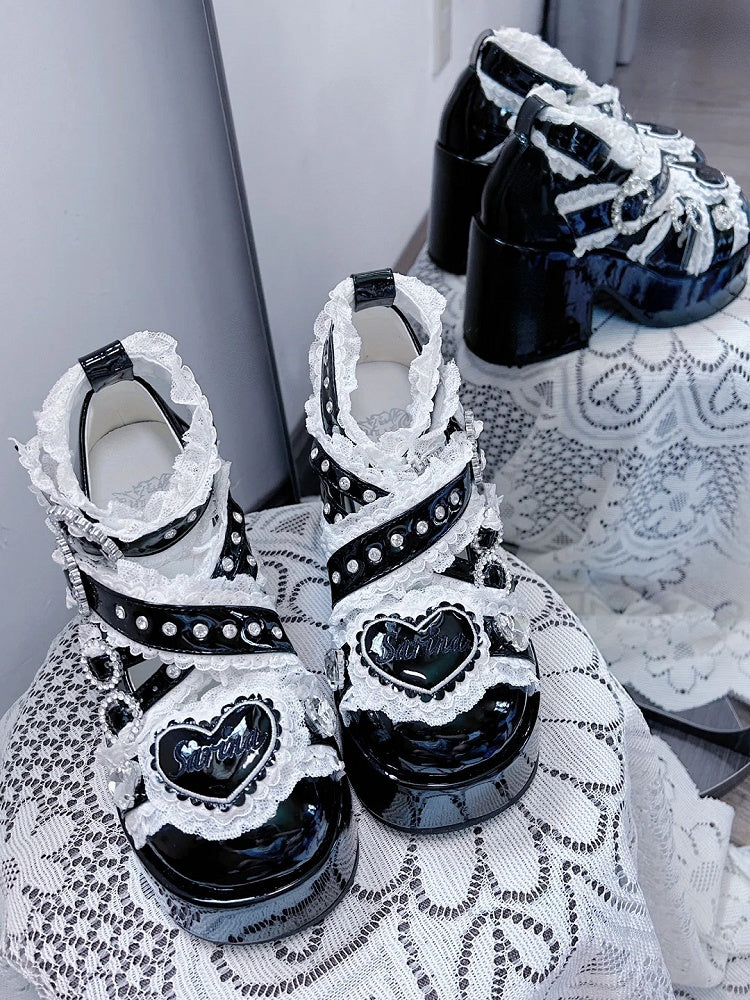 Jirai Kei Black Platform Shoes: Round Toe with High Block Heel & Lace and Rhinestone Embellished Cross Buckle Straps