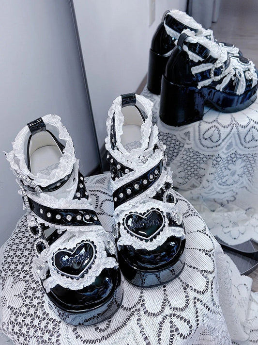 Jirai Kei Black Platform Shoes: Round Toe with High Block Heel & Lace and Rhinestone Embellished Cross Buckle Straps