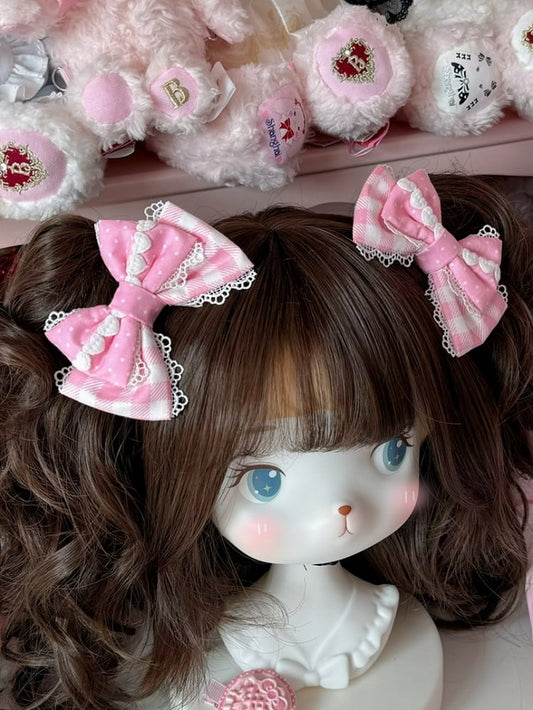 Pink Heart Details Plaid And Polka-dot Pattern Bowknot Hairclip
